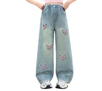 Jean Déchiré Enfant Filles, Taille Haute Denim Jean Wide Leg Fit Jeans Pantalon Droit Taille Élastique Jean de Jazz Danse Décontracté Ample Y2K Jambes Larges Baggy avec Poches 3-14 Ans