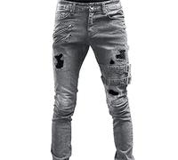Jean déchiré extensible délavé effet usé pour homme, jambe fuselée, pantalon en denim avec fermeture éclair décorative, sangle à boucle, style hip-hop gothique punk, coupe slim ajustée, jean moto