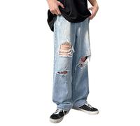 Jean déchiré pour homme, coupe ample, jambe droite avec braguette zippée, pantalon en jean simple, tendance, couleur unie, pantalon surdimensionné, pantalon polyvalent à jambe large avec poches pour