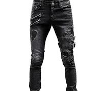 Jean déchiré pour homme - Délavé - Jambe fuselée - Fermeture éclair - Sangle à boucle - Style hip-hop gothique punk - Coupe ajustée - Coupe ajustée - Pour moto et motard, Noir , XL