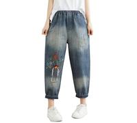 Jean décontracté brodé artistique taille haute élastique 7 pouces pantalon parfait dortoir, Rouge, L