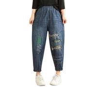 Jean décontracté brodé artistique taille haute élastique 7 pouces pantalon parfait dortoir, Vert, L