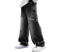Jean décontracté pour garçon avec patch étoilé, coupe droite, coupe large, pantalon d'été confortable avec taille élastique, pour le quotidien avec des baskets, âge 4-13 ans, Noir , 11-12 ans