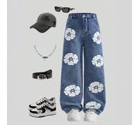 Jean droit décontracté en denim bleu clair délavé pour garçon, avec motif imprimé, ourlet effiloché, délavage vintage, style streetwear à la mode, polyvalent en toutes saisons 8Y,9Y,10Y,11Y,12YJean