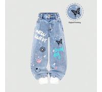 Jean droit délavé bleu clair en denim pour jeunes filles, décontracté, à la mode, simple, polyvalent, doux et cool, imprimé papillon, cœur, fleurs, graffiti 6Y,7Y,4Y,5YAnimalJean