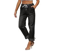 Jean droit pour femme - Taille élastique - Avec cordon de serrage - Décontracté, Noir , M
