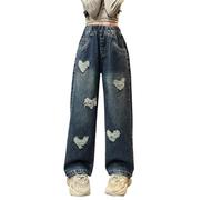 Jean droit pour filles Nouveau printemps été et automne Styles pour les enfants moyens et grands rétro déchiré amour large pantalon tendance ample décontracté pantalon boueux bébé 86, bleu, 4-5 ans