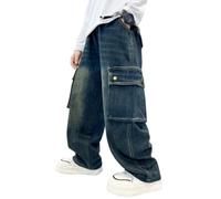 Jean Droit pour Garçon, Pantalon Cargo Baggy avec Taille Élastique, pour Le Printemps et l'Automne, Décontracté Hip Hop Streetwear, Pantalon en Denim, Coupe Droite, Jambes Larges (Blue, 9-10 Years)