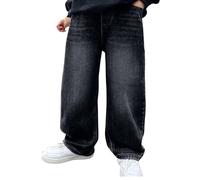 Jean Droit pour garçon, Pantalon Cargo Baggy avec Taille élastique, pour Le Printemps et l'automne, Décontracté Hip Hop Streetwear, Pantalon en Denim, Coupe Droite,Jambes Larges (Black, 12-13 Ans)