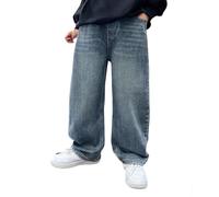 Jean Droit pour garçon, Pantalon Cargo Baggy avec Taille élastique, pour Le Printemps et l'automne, Décontracté Hip Hop Streetwear, Pantalon en Denim, Coupe Droite,Jambes Larges (Blue, 15-16 Ans)