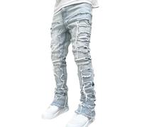 Jean empilé pour homme - Coupe ajustée - Durable - Coupe skinny - Extensible - Ourlet brut effiloché - Couleur unie - Y2K - Hip Hop - Rétro - Broderie - Jambe droite - Pantalon en jean - Style