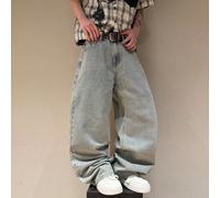Jean en denim décontracté style street rétro mode polyvalent, design usé avec clous, imprimé lettre Statue de la Liberté, coupe droite ample et jambe large L,M,S,XL,XS,XXL,XXXLCarreauJean