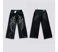 Jean en denim noir délavé, coupe ample et large, avec broderie Thug Club, franges barbe, logo métallique en cuir, unisexe, haute qualité 3