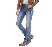 Jean en denim pour femme style années 90 - Style vintage - Coupe bootcut - Pantalon brodé - Taille haute - Coupe droite - Coupe bootcut - Jean évasé - Taille haute - Style décontracté, bleu, M