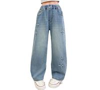 Jean Enfant Fille Large Pantalon Denim Fluide décontracté Loose Droit Jeans en Coton Couleur Unie Sport pour Adolescents et Juniors
