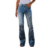 ARESU Jean évasé à Fleurs rétro pour Femmes, Pantalon en Jean pour Femmes, Streetwear d'été Harajuku décontracté, Pantalon Droit à Bas de Cloche-Gris-M