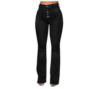 Jean Évasé Bootcut Pour Femme - Taille Haute - Boutons Extensibles - Bas Clochette - Skinny à Jambe Large - Pantalon de Travail Long, Noir, XL