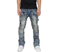 Jean extensible pour homme - Coupe ajustée - Coupe ajustée - Style motard - Délavé, bleu, S