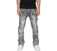 Jean extensible pour homme - Coupe ajustée - Coupe ajustée - Style motard - Délavé, gris, S