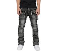 Jean extensible pour homme - Coupe ajustée - Coupe ajustée - Style motard - Délavé, Noir , S