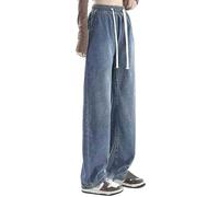 Jean Femme Élastique Taille Haute avec Cordon Pantalon Jambes Larges Vintage Baggy Pantalon en Denim Droit Décontracté Ample Et Confortable Printemps et été (BU3, XXXL)