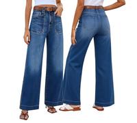 Jean Femme Palazzo, Pantalon Large | Taille Haute à Bouton, Grandes Poches Plaquées Devant et Dos, Bas à Revers Large, Jambe Ample Droite, Coupe Large, Plusieurs Délavages | Ville, W nd, Quotidien