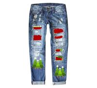 Jean Femme Taille Elastique Straight Pantalon Coupe Droite Flared Bootcut Extensible Vintage Décontractés Extensibles droit pour à la mi-haute avec un élégant motif sapin de Noël et finition vieillie