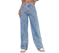 Jean Femme Taille Haute Elastique Coupe Droite,Jean droit pour femme avec perles décoratives pantalon en denim extensible confortable un usage quotidien décontracté toutes saisons polyvalente