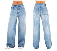 Jean Femme Taille Haute- Jean Large Droit Décontracté Long Chic Et Élégants Classiques Délavé Vieilli Coupe Ample Palazzo Pantalons Confortable De Tous Les Jours Passe-Partout Streetwear Pants