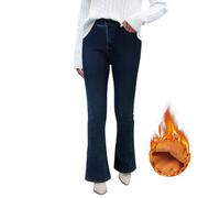jean femme taille haute patte d'éléphant casual jean bootcut stretch flare push up en denim pantalon jean doublé polaire hiver chaud jean mom femme petite semi-évasée hanche droite (Dark Blue, 28)