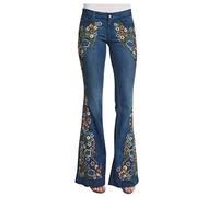 Jean Femme Taille Haute Resserre Pantalon - Pantalon Grande Taille Coupe éVaséE Stretch DéLavé Style Vintage avec Poche Bouton à La Taille Bas Imprimé Travail Tendance
