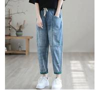 Jean femme - trous déchirés - dessus plat - ample - droit - pantalon fin neuf points - poches - vert L