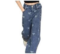 Jean Fille 4-14 Ans Large Droit Taille Haute Elastique Papillon Noeud imprimé Pantalon Baggy Hip hop Fille ado Decontracte Mode Pantalon Enfant Fille Wide Leg Streetwear Hippie (Blue, 12-14 Years)