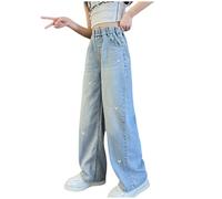 Jean Fille 5-14 Ans Large Droit Taille Haute Elastique delavé Broderie Coeur Pantalons Fille ado Ample Doux Decontracte a la Mode avec Poches Streetwear Hippie (Blue, 7-8 Years)