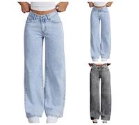 Jean Fille 8-13 Ans Large Droit Taille Haute Elastique delavé Broderie Coeur Pantalons Fille ado Ample Doux Decontracte a la Mode avec Poches Streetwear Hippie