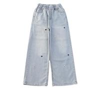 Jean Fille Ado 5-17 Ans Large Pantalon Jeans Enfant Fille Droite Taille Haute Elastique Étoilé Chic Hip Hop Jean Cargo Denim Loose Hiver Décontracté (Bleu Clair, 16-17 Ans)