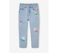 Jean fille mom brodé fleurs bleu clair 14A