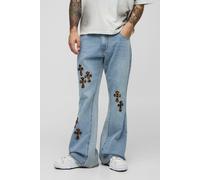 Jean flare large à imprimé léopard et écusson homme - bleu - 28R, bleu