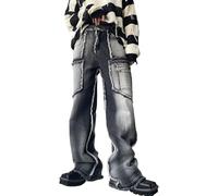 Jean Homme à Jambes Larges, Patchwork, Franges et Bords effilochés, Style Street Rock, Pantalon Skater Noir, Taille M