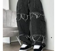 Jean homme décontracté polyvalent, coupe droite ample à jambes larges, style grunge gothique Y2K, mode jeune street personnalisée, esprit collège et sport, avec franges L,M,S,XL,XSUnicoloreJean