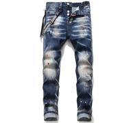 Jean Homme Large en Bas,Europe Et ÉTats-Unis Blue Hole Patch Tissu Shake Peinture Personnalité Style Hommes Ruban Suspendu Nouveau Jeans Hommes