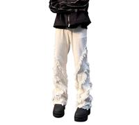 Jean Homme Large - Extensible Coupe Cintrée pour S Slim Déchiré Jambe Droite en Détresse Mode Hip Hop Confortable À Taille Flexible (White M)