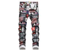Jean Homme-Nouveau et Style numérique imprimé Plaid Patchwork Droit Cylindre Contraste de Couleur Slim Stretch Denim Pantalon