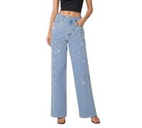 Jean Large Femme - Pantalon en Denim Femme Coupe décontractée à Jambes Droites orné de Perles Confort Extensible pour Un Style Quotidien élégant