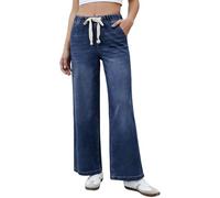 Jean Large Femme Taille Haute Elastique Pull on Pantalon en Denim avec Poches Stretch Slim Jambe Droite Décontractés Baggy Mode pour Le Yoga Fitness Sports Jogging