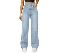 Jean large pour femme - Taille haute - Pantalon baggy en denim léger et ajusté - Pantalon droit avec poches - Pantalon de détente ample et extensible - Pantalon classique en jean Plazzo, bleu clair