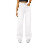 Jean large pour femme - Taille haute - Pantalon baggy en denim léger et ajusté - Pantalon droit avec poches - Pantalon de détente ample et extensible - Pantalon classique en jean Plazzo, blanc, L