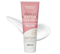 Jean & Len Body Milk shea & supreme hydration, vegan, 250 ml | Pour peau sèche, 48 heures d'hydratation, avec Vitamin E, texture crémeuse, parfum de coco, sans parabènes ni silicones