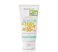 Jean & Len Crème Solaire Sensitive SPF 50+ résistante à l’eau, protection immédiate pour peaux sensibles du visage, sans silicones, nanoparticules ni octocrylène, vegan, format voyage 50 ml