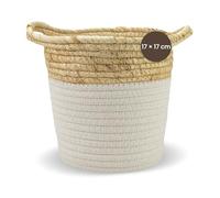 Jean & Len Panier de rangement, rond, en coton et paille, polyvalent pour serviettes, cosmétiques et petits accessoires, solution de rangement déco et durable, 17 x 17 cm